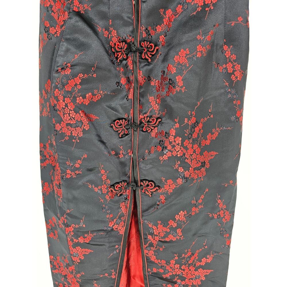Vintage Y2K black and red floral cheongsam Pencil Skirt Maxi Length Satin Sz S - Picture 2 of 3